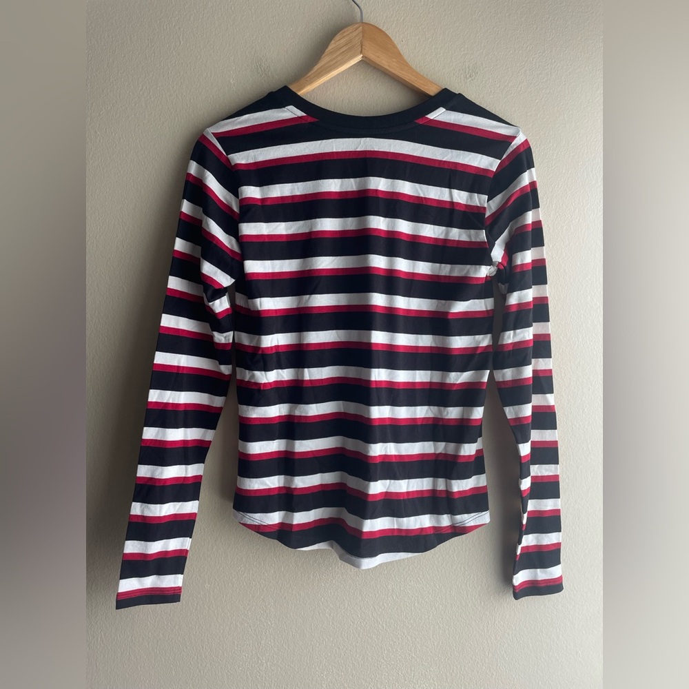 New Universal Standard Black Red White Striped V Neck Long Sleeve Tee Rex 4XS - Picture 4 of 10